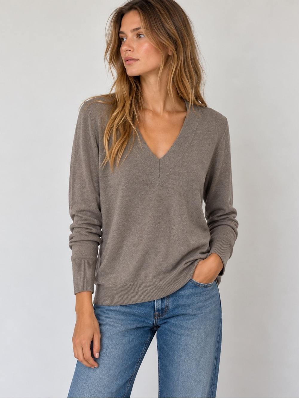 🐻MAKE OFFER🐻 Banana Republic V Neck Silk Cotton Cashmere Brown Taupe Sweater LG